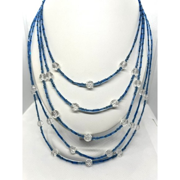 Clear Faceted Crystal & Blue Glass Bugle Beads Multi Layer Silver Tone Necklace‎ - Picture 9 of 10